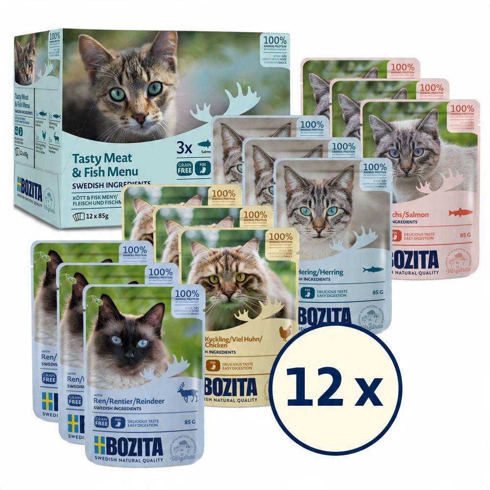 Bozita Mięsno Rybne kawałki w sosie łosoś, śledź, kurczak, renifer 12x85g
